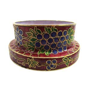 Vintage Decorative Cloisonne Wine Coaster With Grape Vine Motif GUC Red Brass